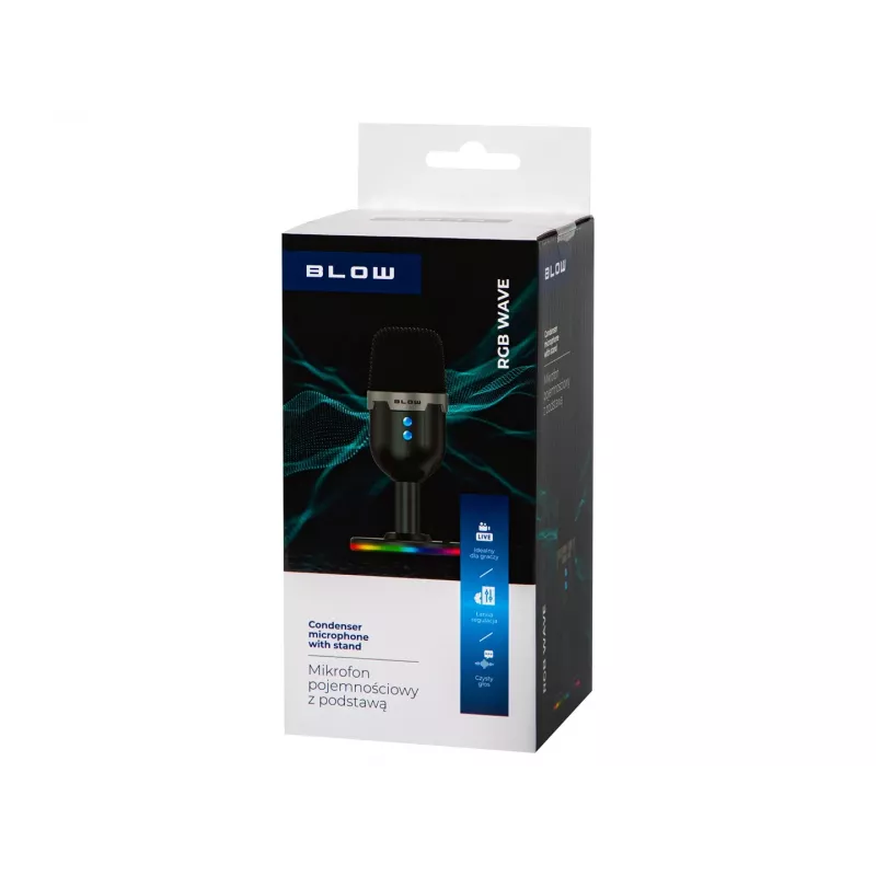BLOW studijinis mikrofonas su LED stovu – laidinis USB 2.0, 20–16000 Hz, jautrumas -50 dB, 237 g