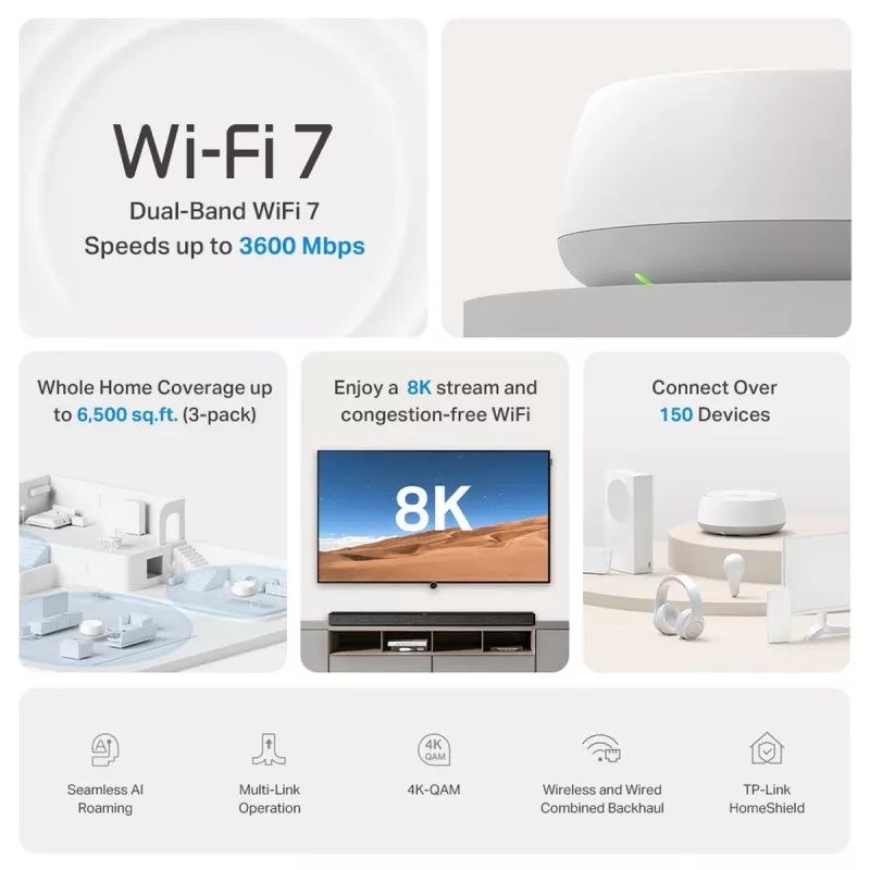 TP-Link Deco BE22 dviejų dalių Wi-Fi 7 tinklo sistema (baltos spalvos)