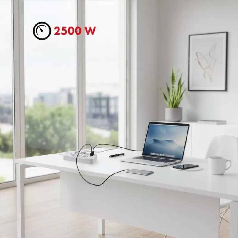 Maitinimo blokas MACLEAN MCE389 W – 6 kištukinių lizdų, 4×USB-A, 1×USB-C, 2500W, 110–240V, 1,5 m laidas, baltas
