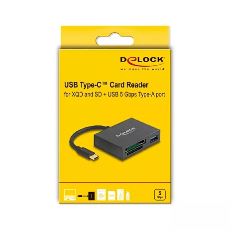 DeLOCK USB-C kortelių skaitytuvas XQD ir SD atminties kortelėms USB 5 Gbps