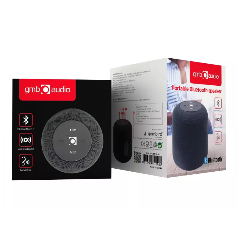 Monovielas nešiojamas garsiakalbis Gembird SPK-BT-15-BK — 5 W RMS, Bluetooth, MicroSD, 1200 mAh, juodas