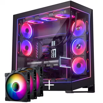 PHANTEKS NV-Series NV9 MK2 PC korpusas, EATX, DRGB, grūdintas stiklas - juodas su M25 Gen2 PWM D-RGB 3 vnt. ventiliatorių rinkiniu - Reverse Blade, 140mm, juodas + DRG