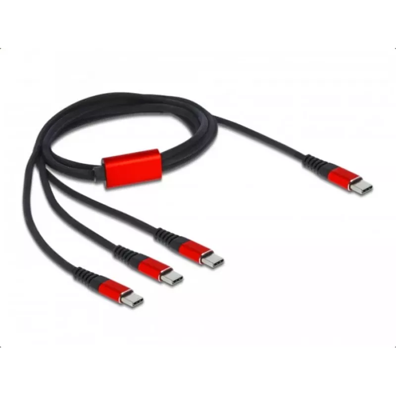 USB įkrovimo laidas DeLOCK 3 in 1 USB Type-C į 3 x USB Type-C 1 m juodas/raudonas