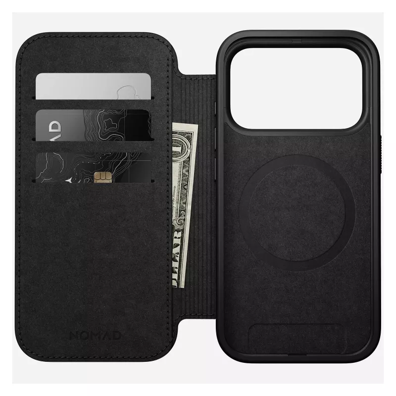 Nomad Modern Leather Folio dėklas su odiniu viršeliu iPhone 17 Pro, 16 cm (6,3 colio), juodas, 4 kortelių kišenės