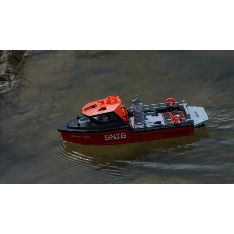 Amewi Rescue Boat 26117 – gelbėjimo valtis su bešepetėliu vandens srovės varikliu, 320 mm, juoda/raudona