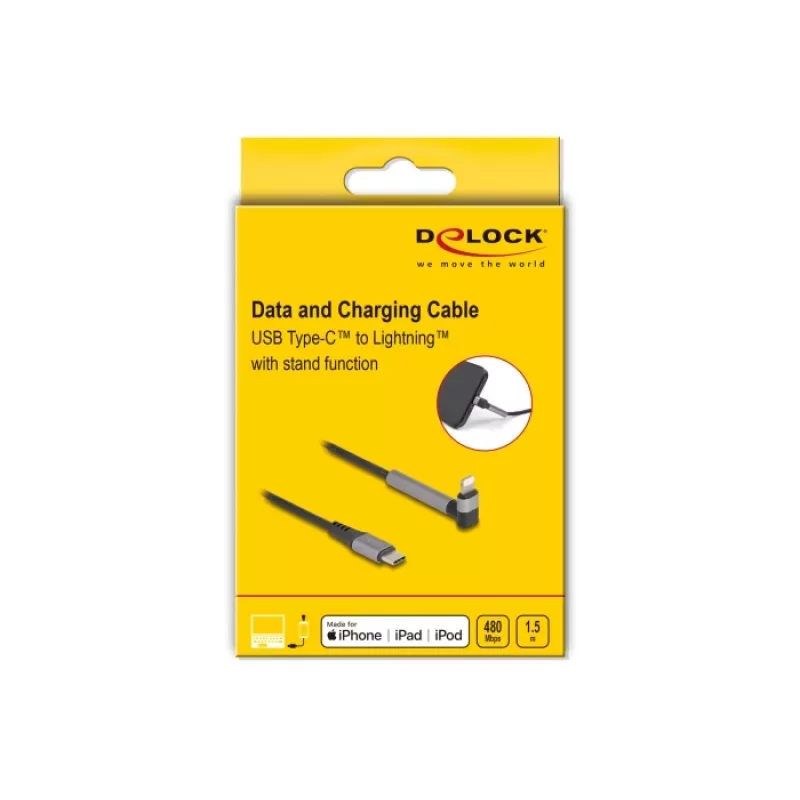 USB Type-C į Lightning įkrovimo ir duomenų laidas su kampuota jungtimi ir stovo funkcija, DELOCK 1,5 m, 9 V 3 A (MFi)
