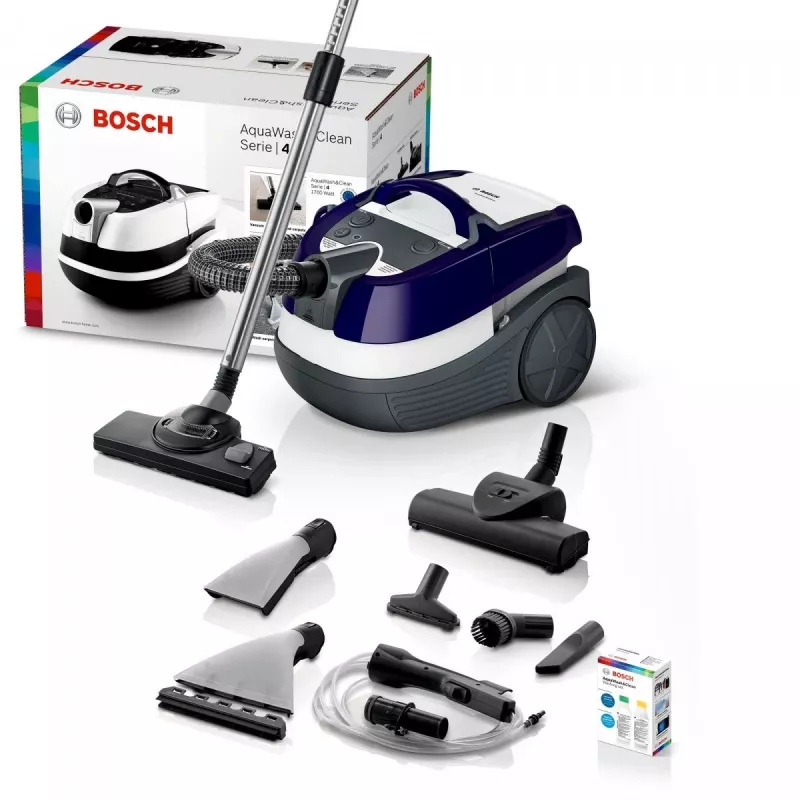 Šlapio ir sauso valymo dulkių siurblys Bosch BWD 41740 AquaWash&Clean — 1700 W, 5 L talpa, EPA filtras, teleskopinis vamzdis, 9 m spindulys, violetinis