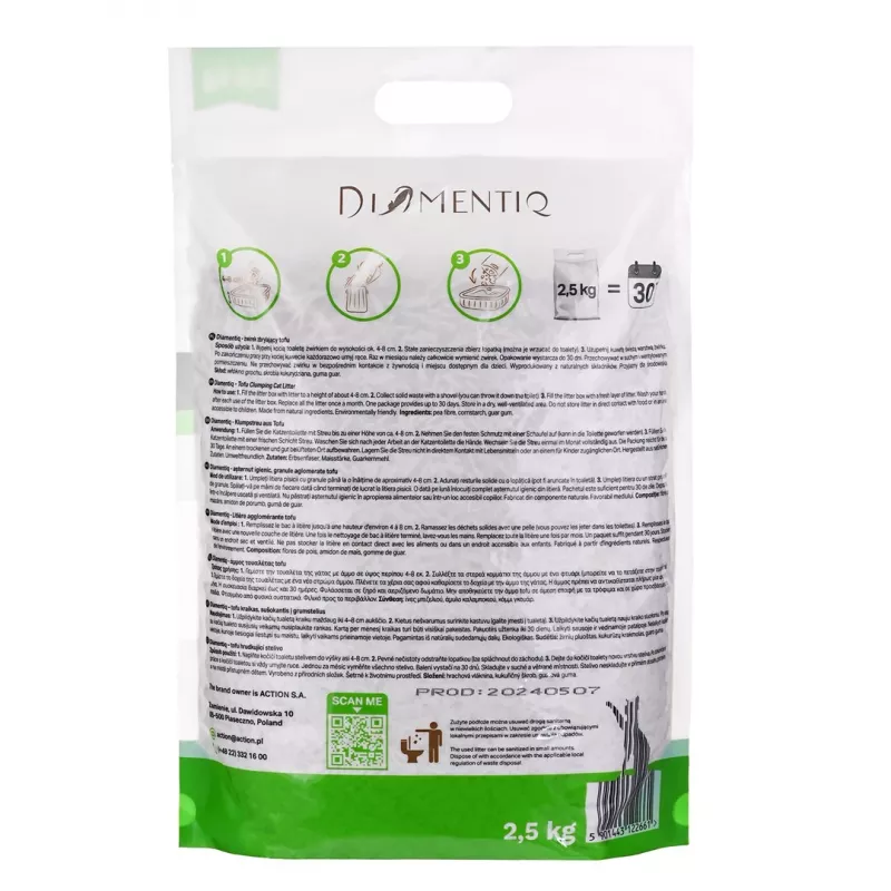DIAMENTIQ Tofu Neutral Ultra clumping - augalinis kraikas - 2,5 kg