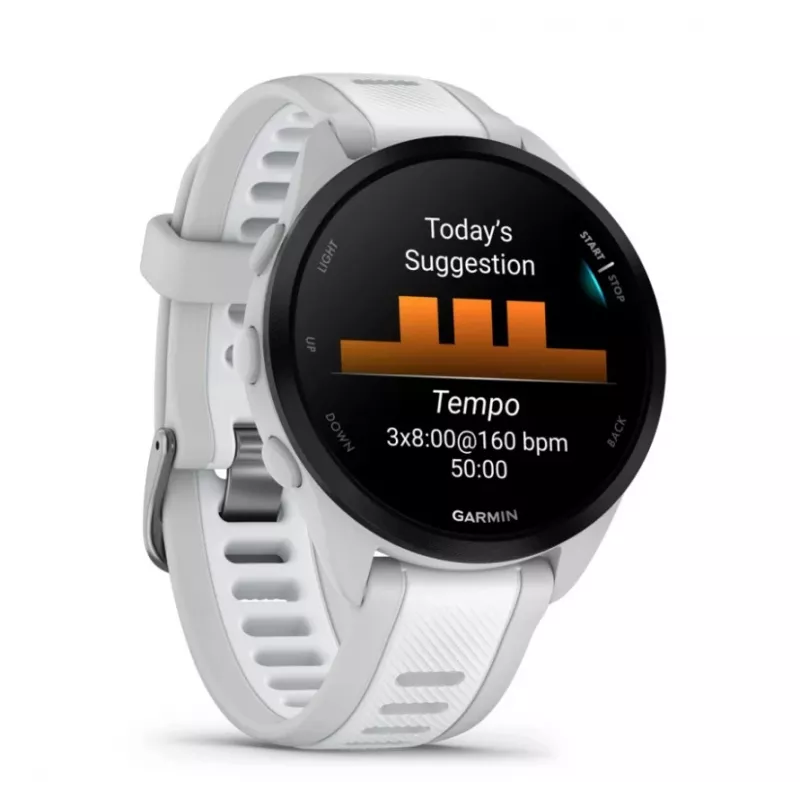 Išmanusis laikrodis GARMIN Forerunner 165 – GPS, AMOLED 1,2 colio, 4 GB, 5 ATM, 11 dienų baterija, pilkas korpusas, baltas dirželis
