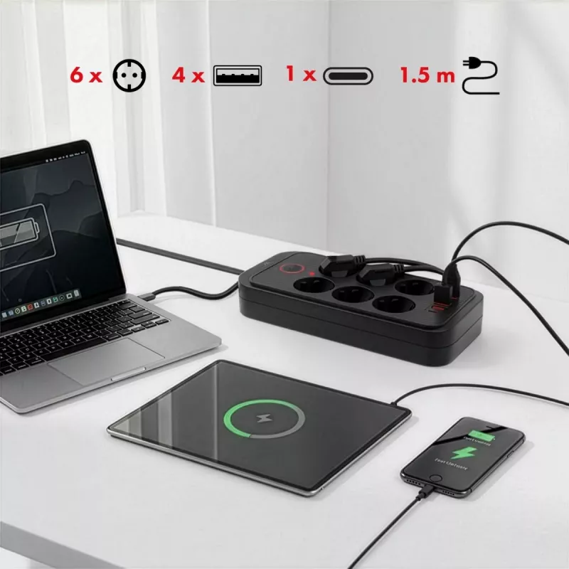 Maitinimo blokas MACLEAN MCE389 B — 6 lizdai, 4×USB-A + 1×USB-C, 110–240V, 2,1A, 2500W, 1,5 m laidas, juodas