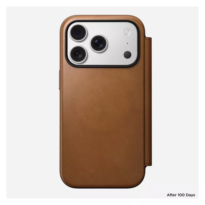 Dėklas folio Nomad Modern Leather Folio, skirtas iPhone 17 Pro, oda + aliuminis, 6,3 colio (16 cm), Tan, 3 kortelių kišenės