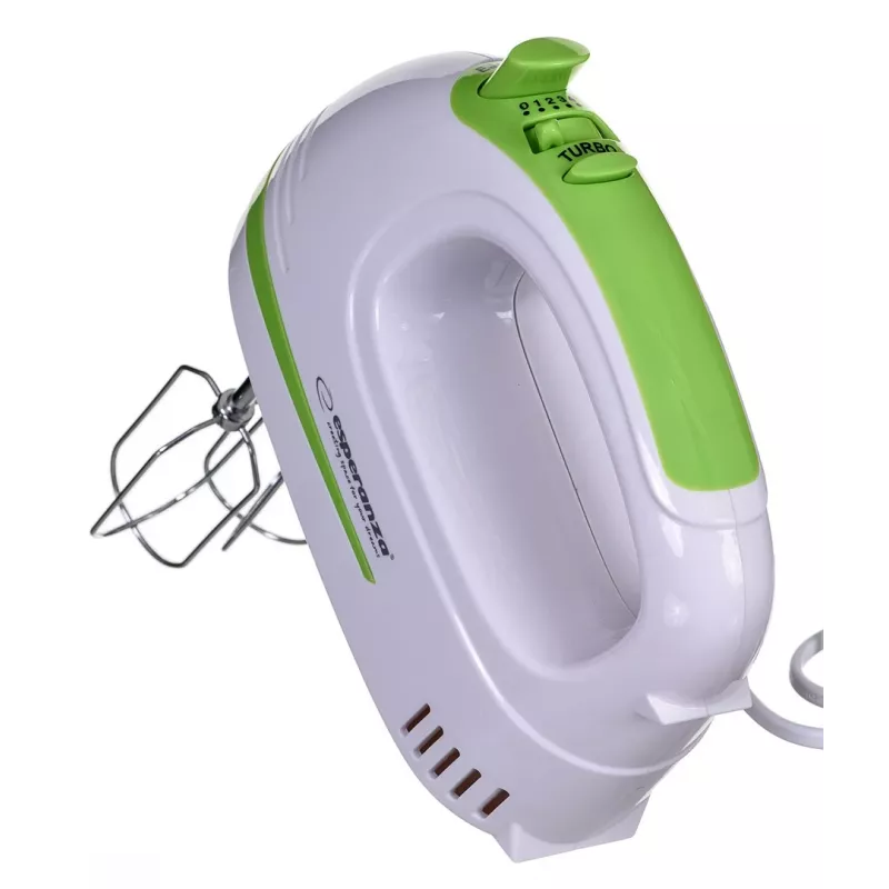 Rankinis plaktuvas ESPERANZA EKM011 — 400 W, 5 greičių, turbo, tešlos kabliukai ir plaktuvai, 220–240 V, baltas/šviesiai žalias