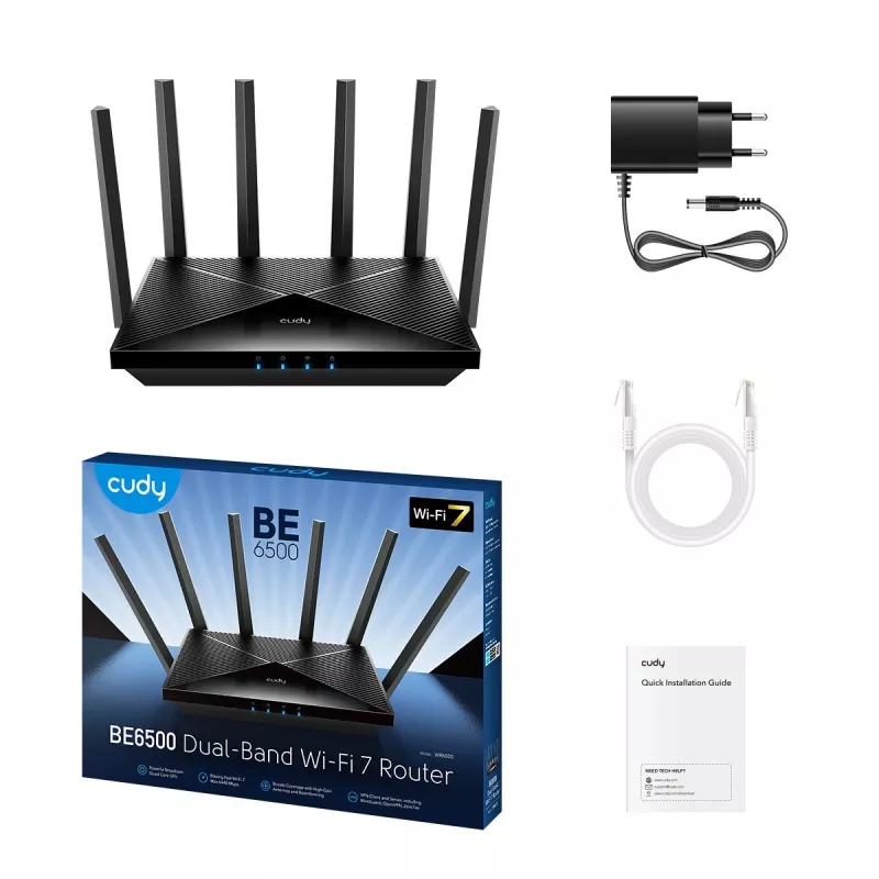 Belaidis maršrutizatorius Cudy BE6500 Gigabit dviejų juostų Wi‑Fi 7 (802.11be), 2,4/5 GHz, 4x Gigabit LAN, ARM keturių branduolių 2 GHz