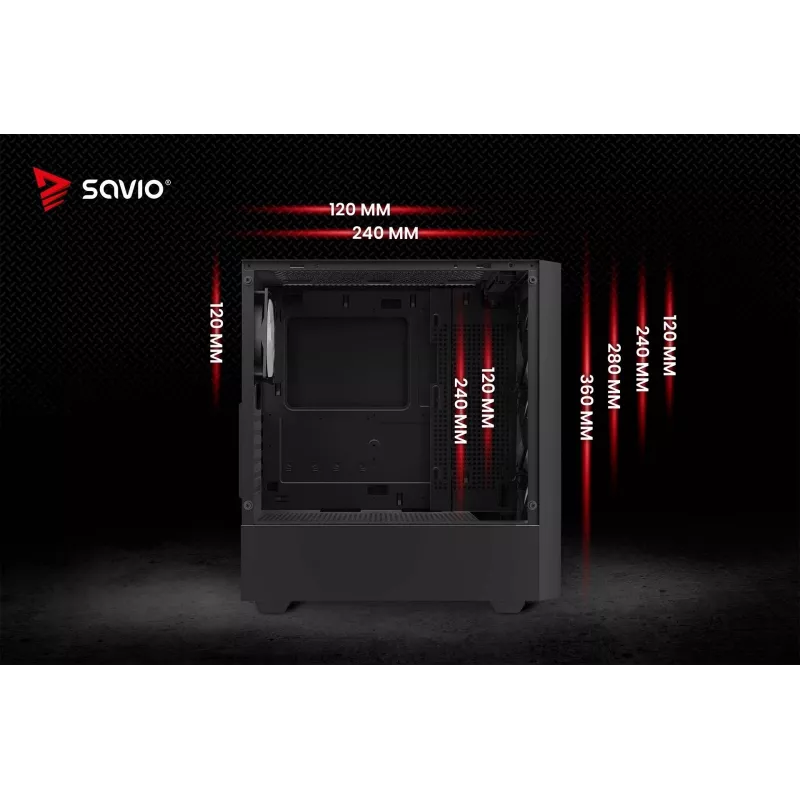 PC korpusas SAVIO Noctis Flow RGB — Cube, ATX/Mini-ITX, 3x 120 mm priekiniai ventiliatoriai, grūdintas stiklas, maks. GPU 35 cm