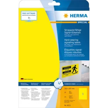 Lipnios etiketės spausdintuvui HERMA Signs 8033 (geltona plėvelė, A4, 25 lakštai)