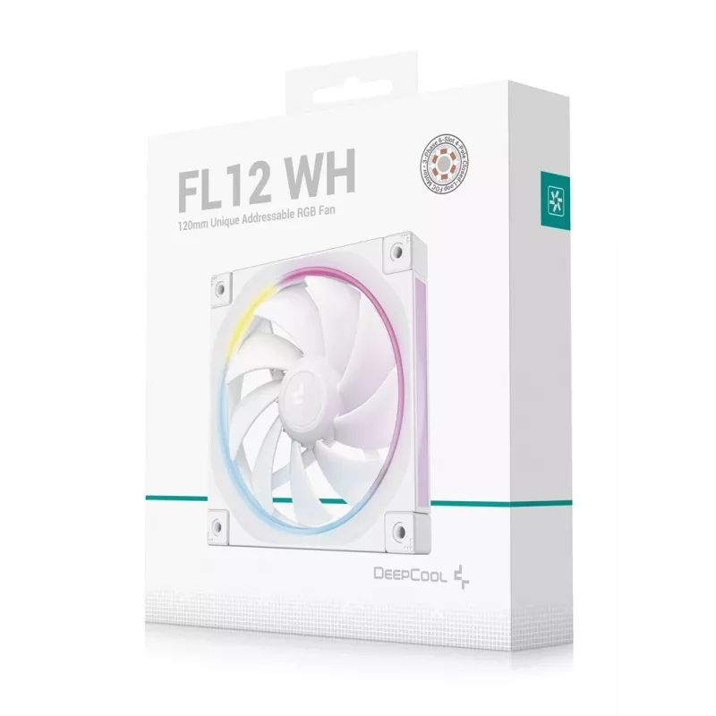 120 mm baltas kompiuterio korpuso ventiliatorius DeepCool FL12 WH, 2150 RPM, PWM, 55 CFM, 32 dB, FDB, 4 kontaktų