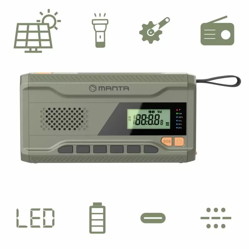 Nešiojamas FM radijas MANTA RDI401G su saulės baterija, dinaminiu sukimu, 4000–4500 mAh baterija, 5V USB išėjimu, 3W, žibintuvėliu