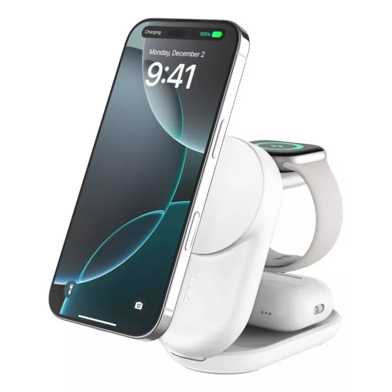 Belaidinis įkroviklis Belkin UltraCharge 25W Qi2 3 viename magnetinis įkroviklis EU baltas apvalus