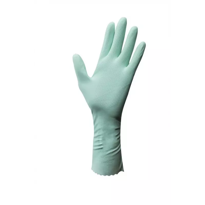 Buitinės pirštinės VILEDA Extra Sensation Green Cotton Latex L, sustiprinti pirštų galiukai, neslystančios, atsparios vandeniui ir nešvarumams