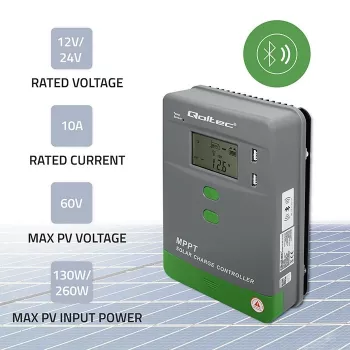 MPPT saulės baterijų įkrovimo valdiklis QOLTEC 10A 12V/24V su LCD ekranu