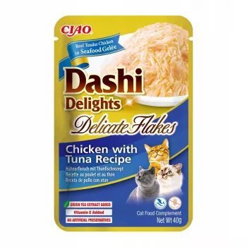 Šlapieji kačių skanėstai INABA Dashi Delights Delicate Flakes Vištiena su Tuna 40 g maišelis