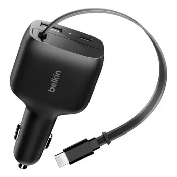 Belkin 75W 2-Port įkroviklis su įtraukiamu USB-C laidu automobiliui (CCC001HQBK)