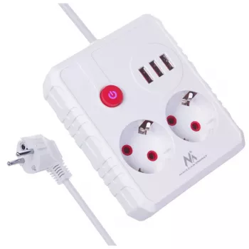 Maitinimo šynas MACLEAN MCE387 W — 2 kištukiniai lizdai, 3×USB A, 110–240V, 2500W, 1,5 m laidas, baltas