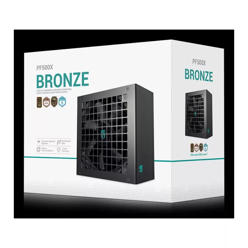Maitinimo blokas DeepCool PF500X 500 W, ATX, 80 PLUS Bronze, 120 mm ventiliatorius, 24 kontaktų pagrindinei plokštei, 6×SATA, 2×PCIe