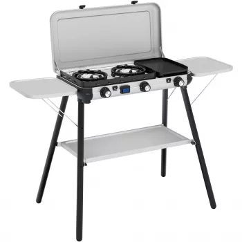 Camping Kitchen 2 Multi Cook Plus, dujinė viryklė pilka, 2 kaitvietės 2x 1,8 kW + grotelių plokštė 0,9 kW, modelis 2025
