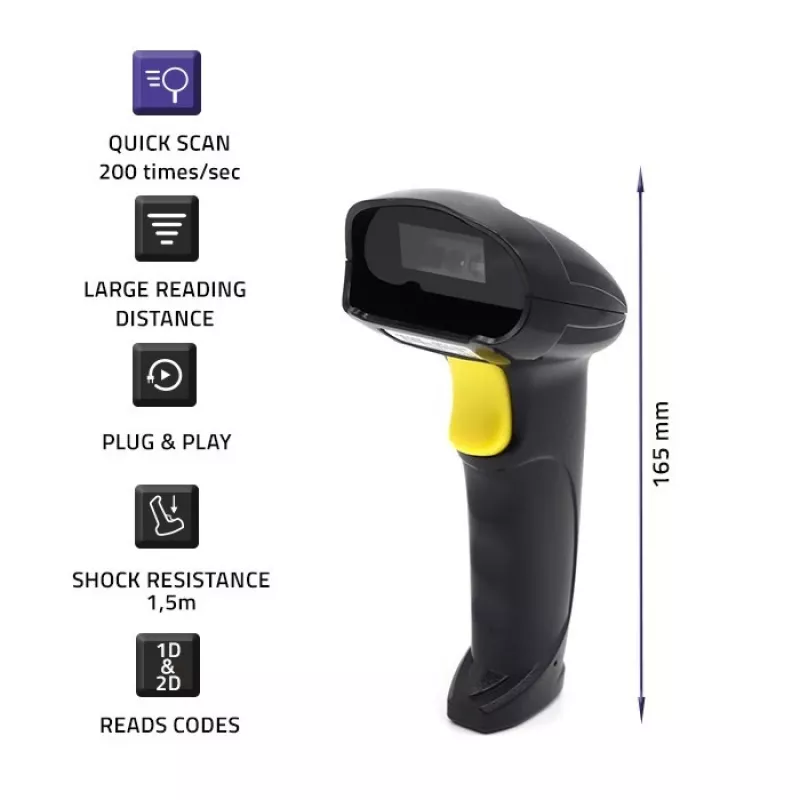 Nešiojamas 1D/2D laidas brūkšninių kodų skaitytuvas QOLTEC 50853 — USB, ABS korpusas, 1,65 m laidas, 97×65×167 mm, 105 g