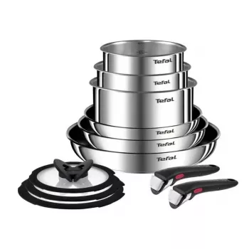 Puodų rinkinys Tefal Ingenio Emotion L897SB74 – 11 dalių sukraunamas nerūdijančio plieno su nepridegančia danga, tinkamas orkaitei, su Thermo-Spot