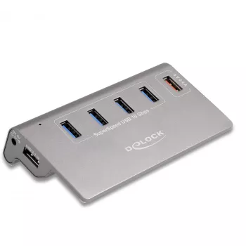 DeLOCK USB 3.2 Gen 2 šakotuvas, 4× USB-A duomenų prievadai + 1 greito įkrovimo prievadas, 10 Gbps, metalinis korpusas