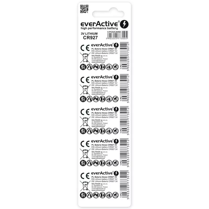 Ličio moneta baterija everActive CR927 3V, 30 mAh, 5 vnt.