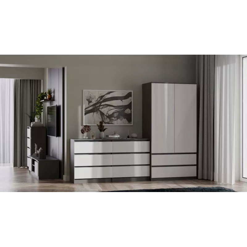 Spinta MALWA SS-90 90×180×50 cm, antracitinis rėmas, balti varstomi durys, 2 stalčiai, laminatas 16 mm