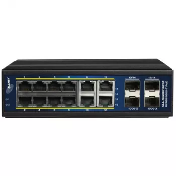 Valdomas ALLNET ALL-SGI8016PM L2+/L3 jungiklis su 12 Gigabit Ethernet PoE prievadų