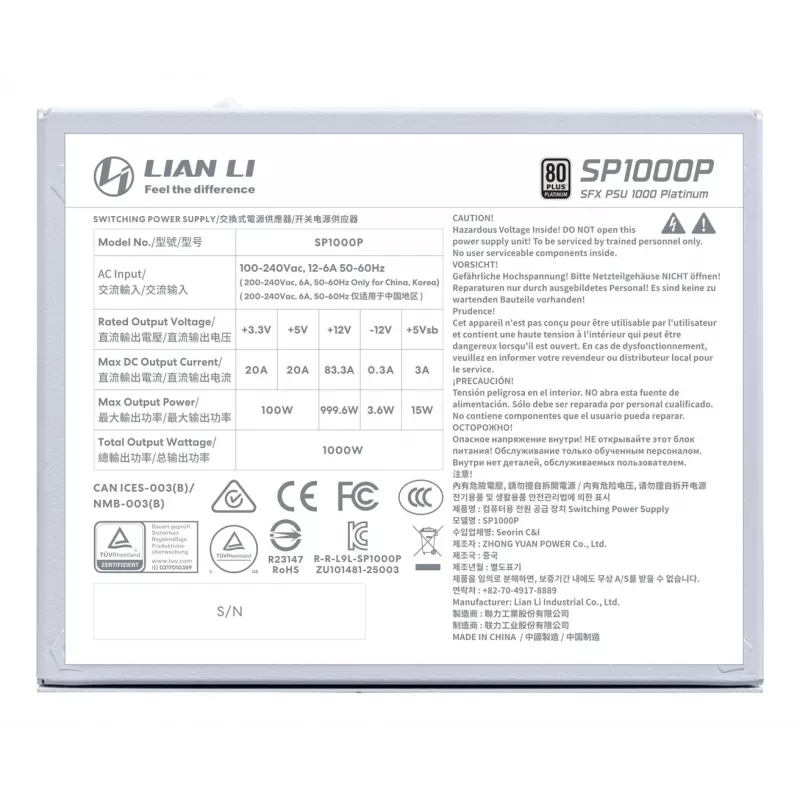 Maitinimo blokas Lian Li SP Series Platinum SFX pilnai modulinis PCIe 5.1 ATX 3.1 1000W (G9P.SP1000P.W000.EU)