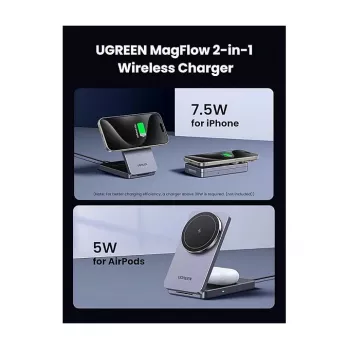 UGREEN W528 belaidis magnetinis 2-in-1 įkroviklis ausinėms ir telefonams, pilka, apsauga nuo trumpojo jungimo ir per žemos įtampos