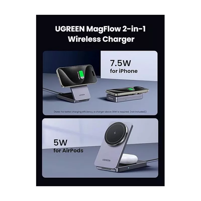 UGREEN W528 belaidis magnetinis 2-in-1 įkroviklis ausinėms ir telefonams, pilka, apsauga nuo trumpojo jungimo ir per žemos įtampos