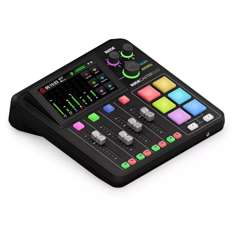 Studijos valdiklis RØDE Caster Duo Black – 2 kombinuoti XLR/TRS, 2 TRS linijiniai išėjimai, 48 kHz, 24 bitai, jutiklinis ekranas, Wi‑Fi, Bluetooth