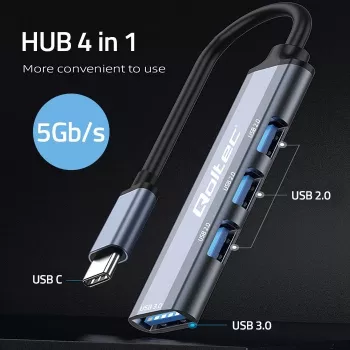 USB šakotuvas QOLTEC 53792, USB-C 3.1 į 4 prievadus (USB 3.0 x1, USB 2.0 x3)