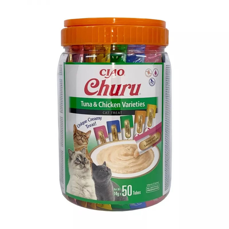 Šlapi skanėstai katėms INABA Churu įvairūs – Vištiena ir Tunas, 50 x 14 g pastos tūbelės, be grūdų, be glitimo ir be cukraus