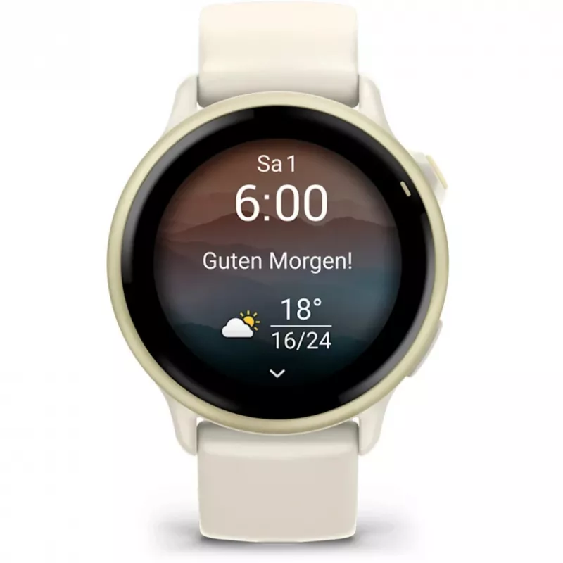 Išmanusis laikrodis Garmin vívoactive 6 (42 mm) su 1,2" AMOLED 390 x 390 liečiamuoju ekranu, GPS, Wi-Fi, 8 GB atmintimi, Lunar Gold aliuminio korpusu ir Bone silikoniniu dirželiu