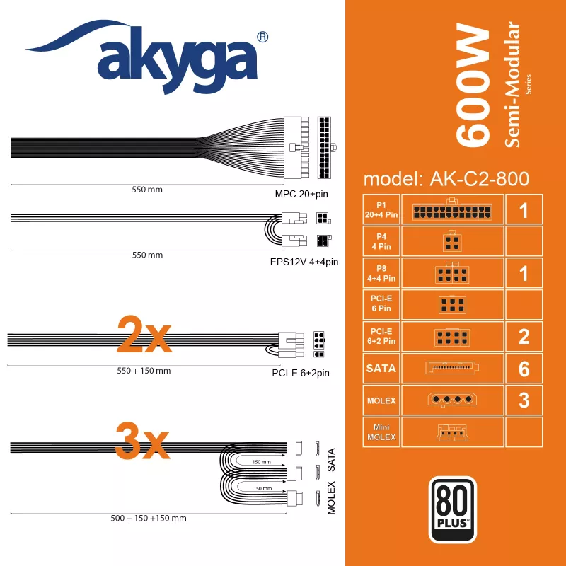Akyga AK-C2-800 Classic 800 W ATX maitinimo blokas, pusiau modulinis, aktyvusis PFC, 120 mm ventiliatorius