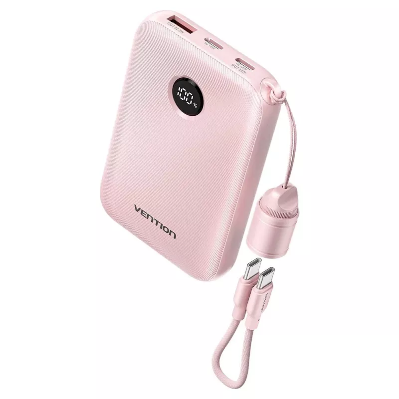 Power bank Vention FKAP0-C 10000 mAh, 2× USB-C + 1× USB-A, 22.5 W, Rožinė