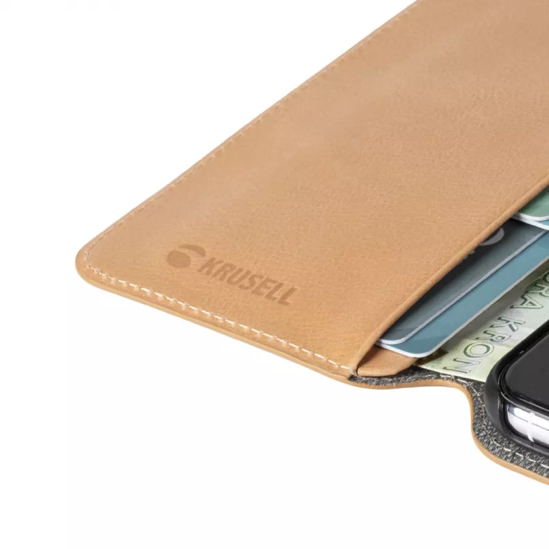 Krusell Sunne dėklas-piniginė Apple iPhone 11 Pro Max vintage nude, odinis užlenkiamas dėklas su kortelių kišenėmis