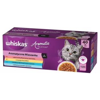 Šlapias kačių ėdalas WHISKAS Aromatic selection Mix – 40 x 85 g pakeliai, suaugusioms katėms, 83,6 % drėgmės