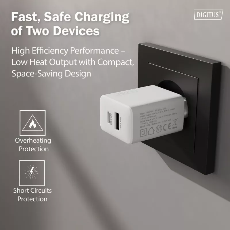 AC vidinis USB GaN įkroviklis DIGITUS DA-10301 — 30W, 1× USB-C, 1× USB-A, 100–240V, baltas