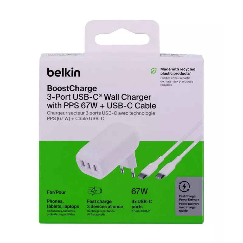 Belkin BoostCharge įkroviklis nešiojamam kompiuteriui ir išmaniajam telefonui, universalus, baltas, AC greitasis įkrovimas, vidaus naudojimui