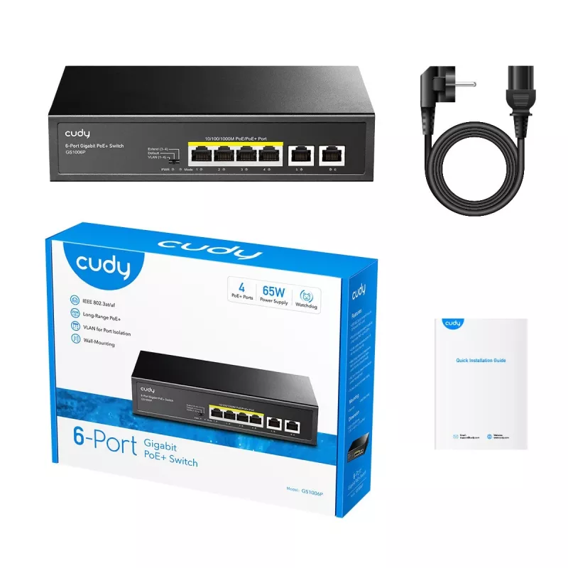 Tinklo jungiklis Cudy GS1006P nevaldomas Gigabit Ethernet 6 prievadų PoE, 12 Gbit/s, 2048 MAC, juodas