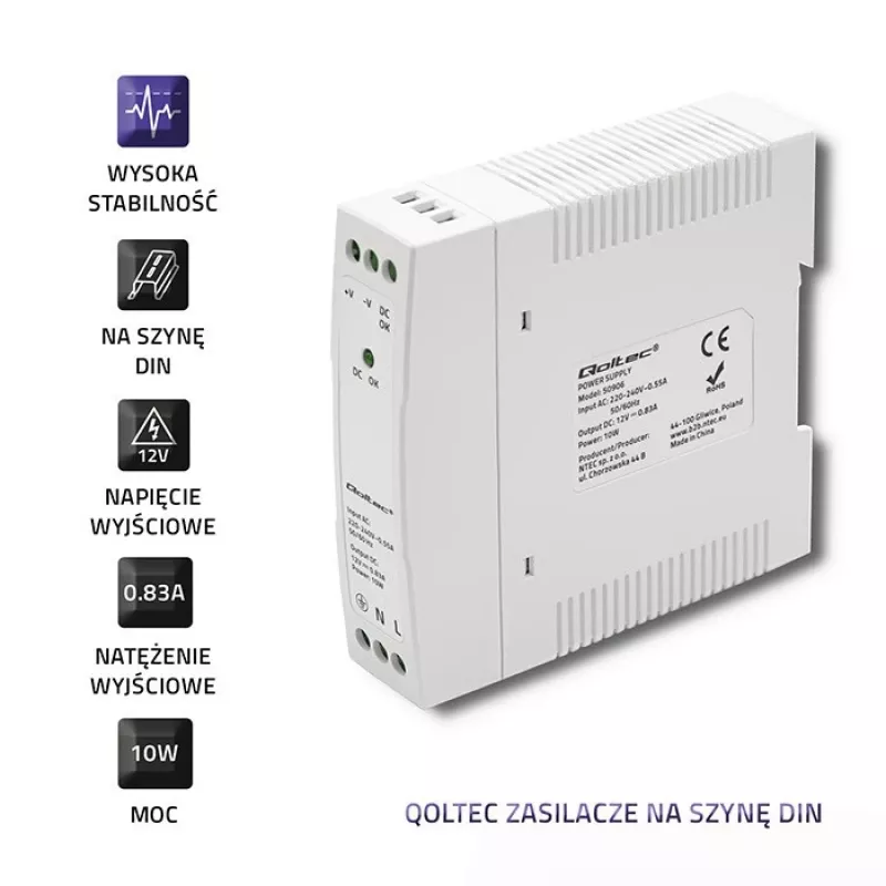 DIN bėgio maitinimo šaltinis 10W, 12V, 0.83A, plonas